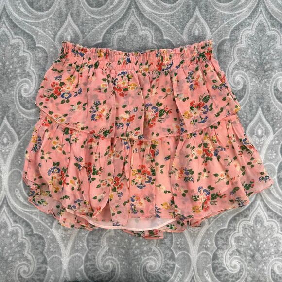 Loves Shack Fancy Pink Floral Silk Chiffon Tiered Ruffle Mini Skirt Size S - Picture 1 of 3